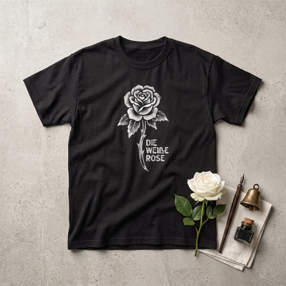 Die Weiße Rose black graphic tee, styled flat lay