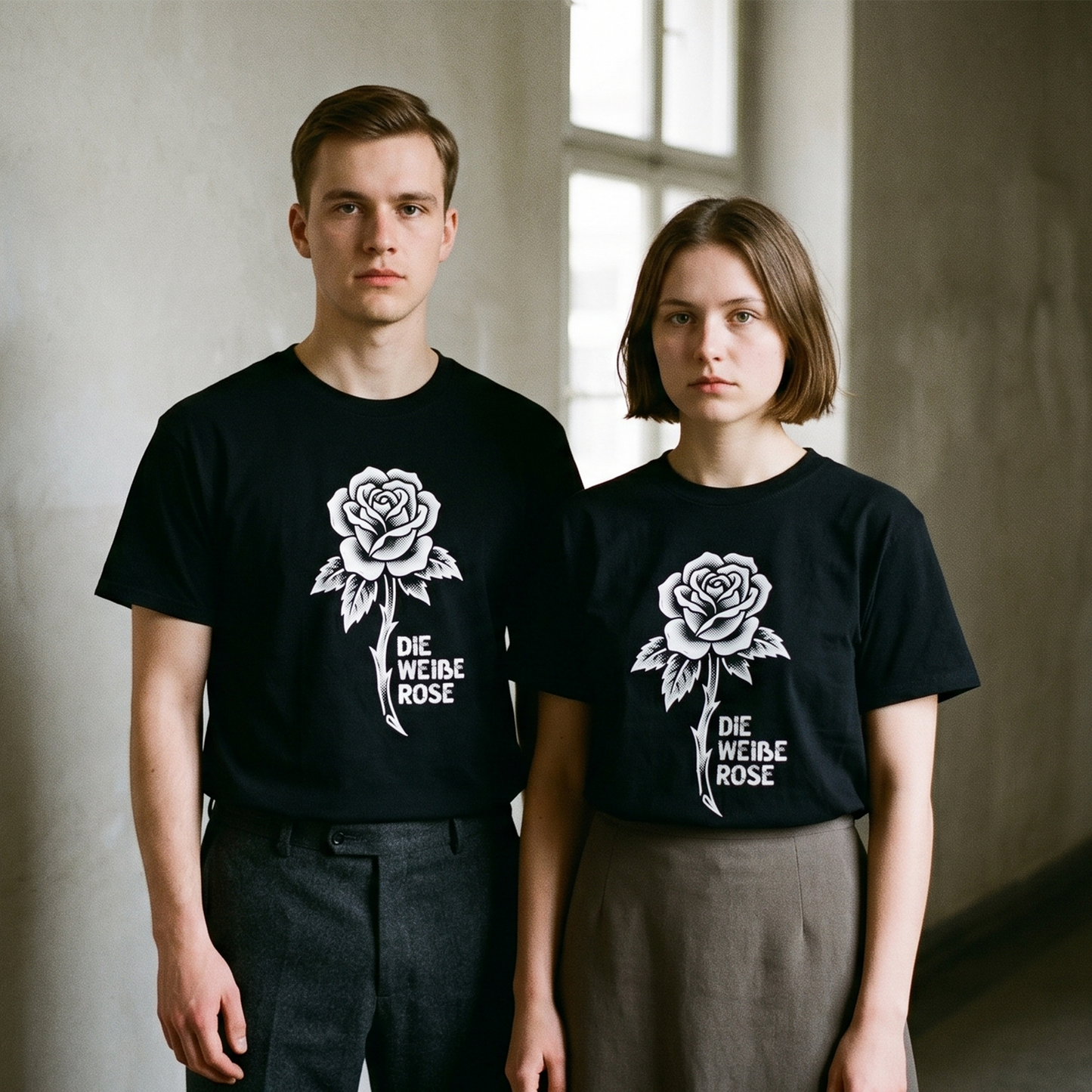 Two models wearing the Die Weiße Rose black graphic tee