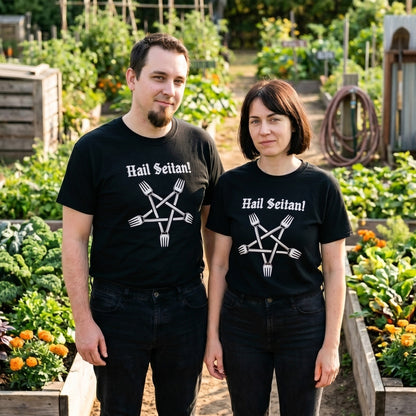 Two models wearing the Hail Seitan black graphic tee