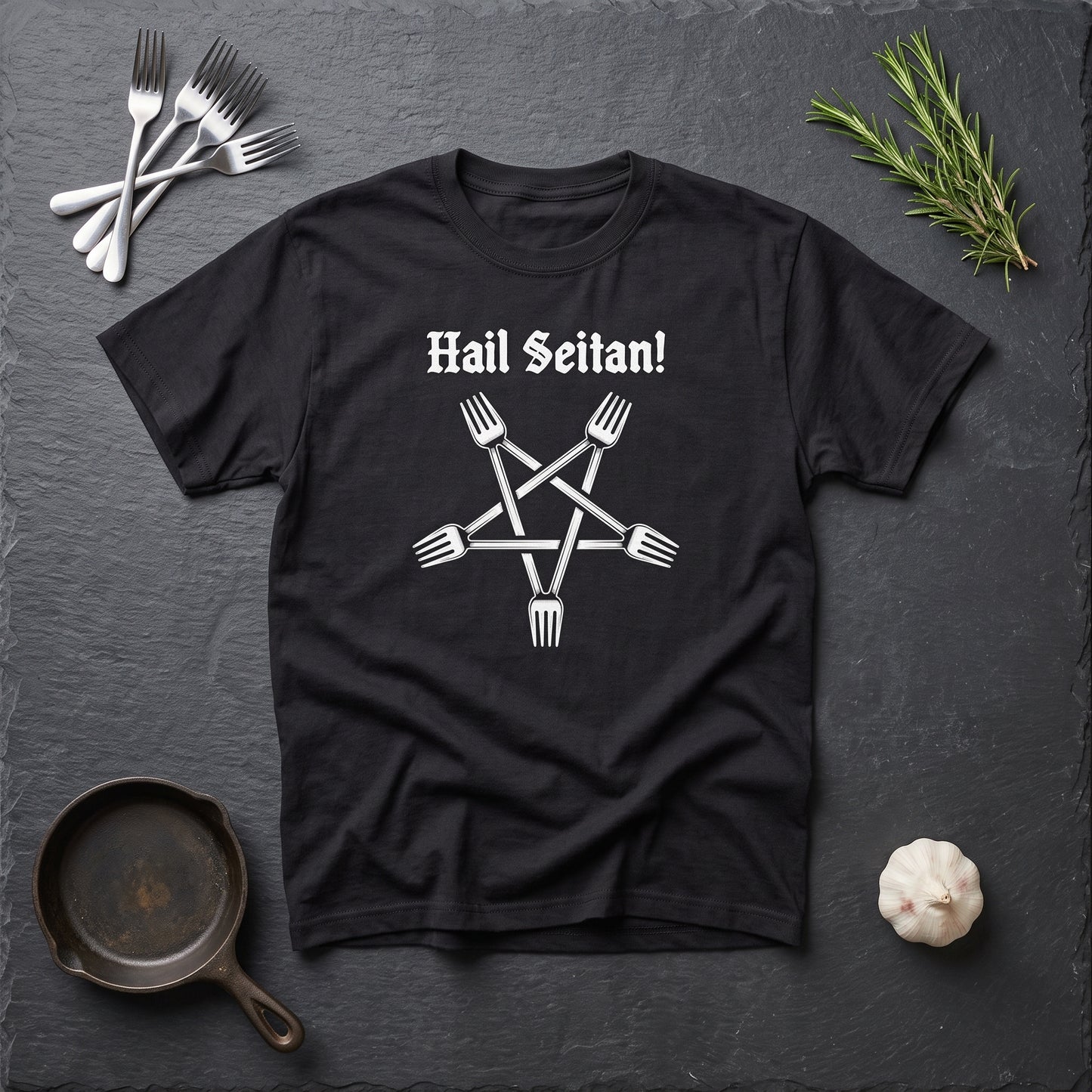 Hail Seitan black graphic tee, styled flat lay