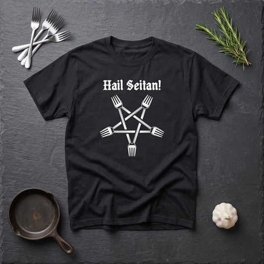 Hail Seitan black graphic tee, styled flat lay