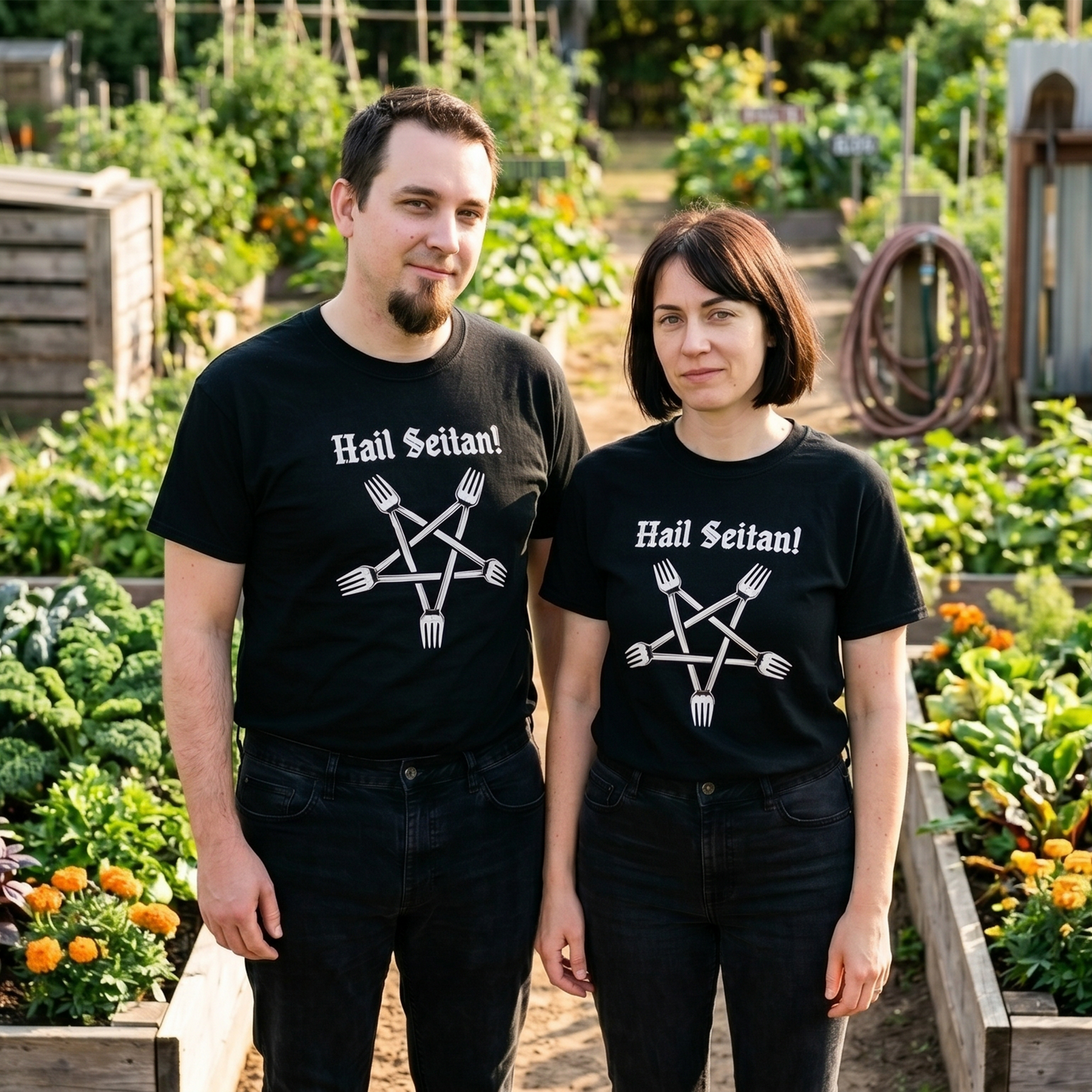 Two models wearing the Hail Seitan black graphic tee