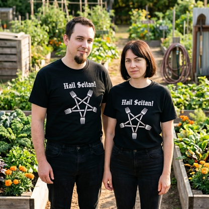 Two models wearing the Hail Seitan black graphic tee
