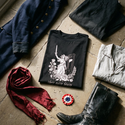 Liberté Égalité Fatalité black graphic tee styled in a flat lay with matching pieces