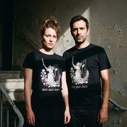 Two models wearing the Liberté Égalité Fatalité black graphic tee