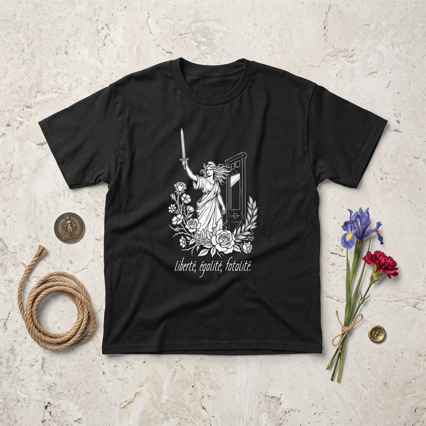 Liberté Égalité Fatalité black graphic tee, styled flat lay