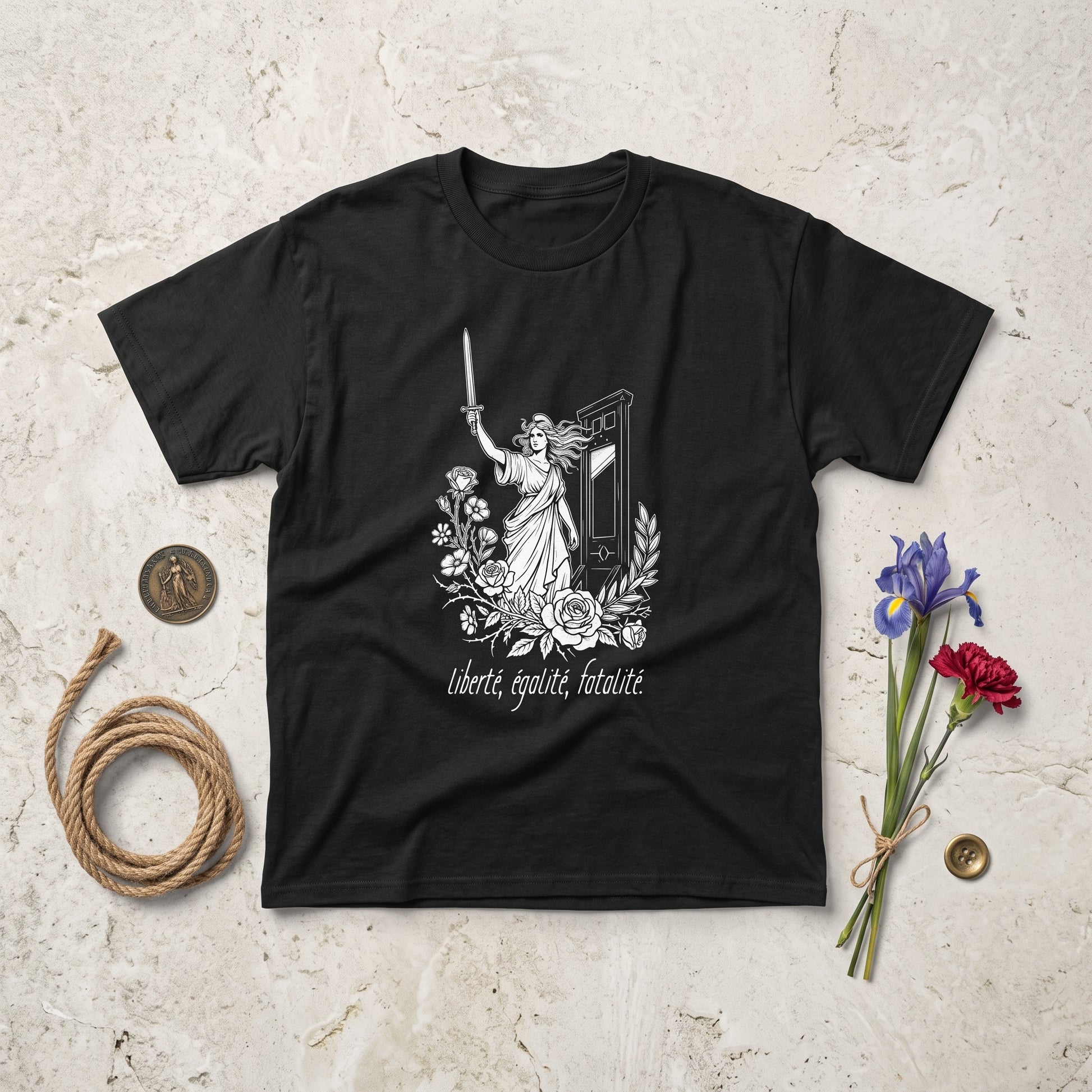 Liberté Égalité Fatalité black graphic tee, styled flat lay