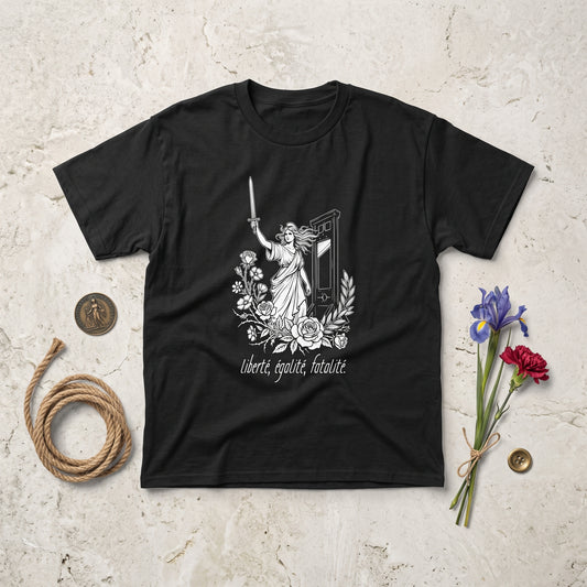 Liberté Égalité Fatalité black graphic tee, styled flat lay