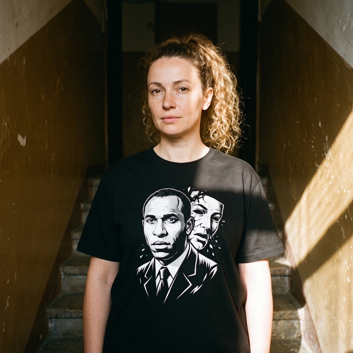 Woman wearing the Frantz Fanon black graphic tee