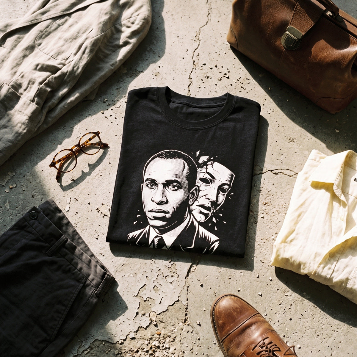 Frantz Fanon black graphic tee styled in a flat lay with matching pieces