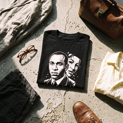 Frantz Fanon black graphic tee styled in a flat lay with matching pieces