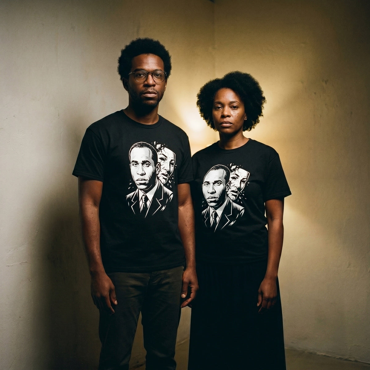Two models wearing the Frantz Fanon black graphic tee