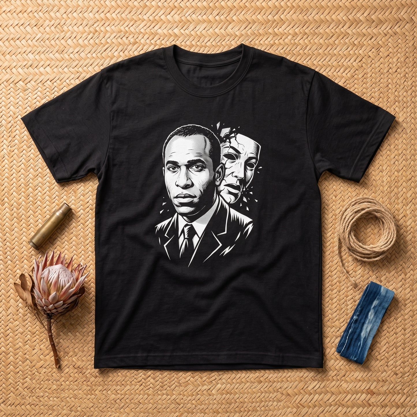 Frantz Fanon black graphic tee, styled flat lay