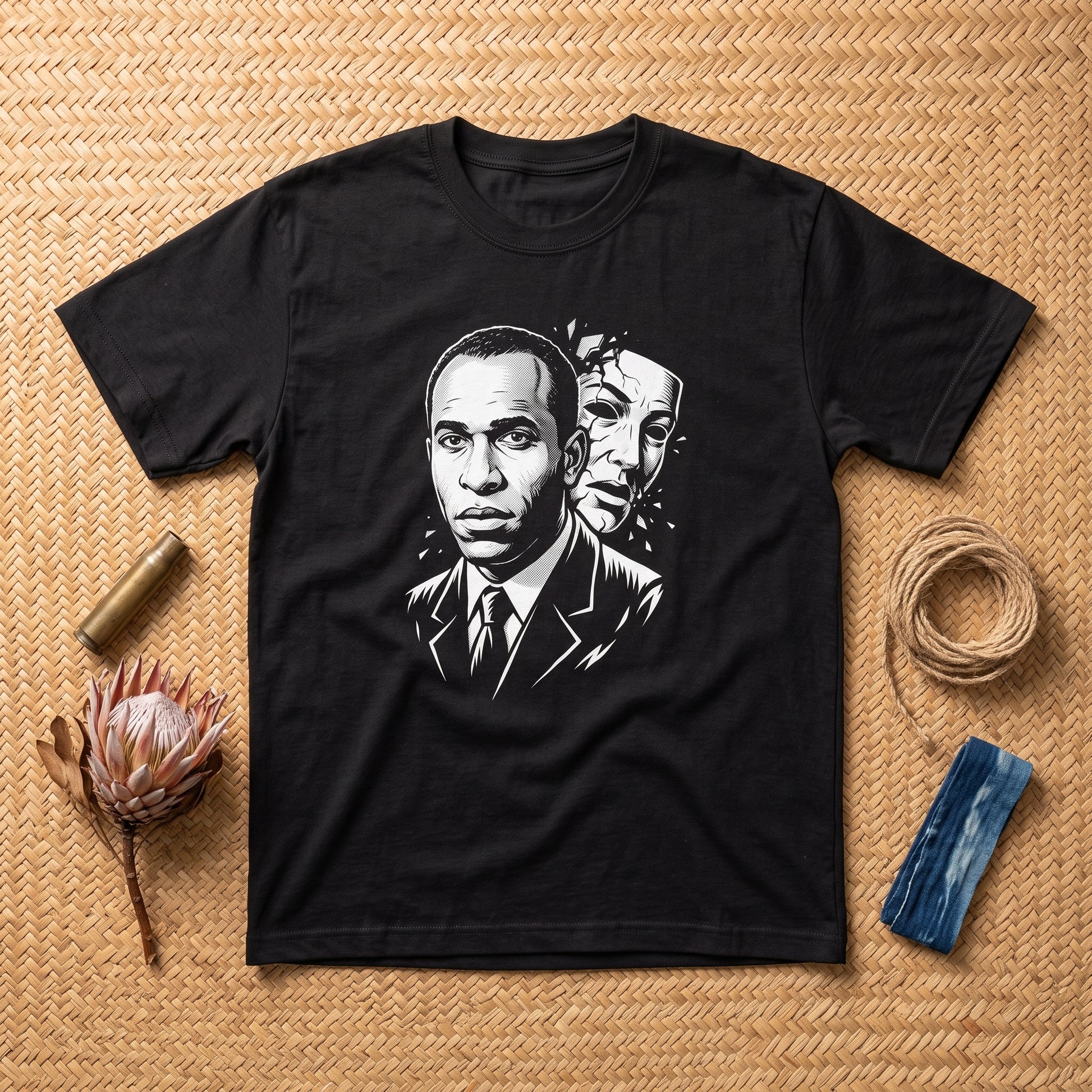 Frantz Fanon black graphic tee, styled flat lay