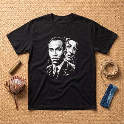 Frantz Fanon black graphic tee, styled flat lay