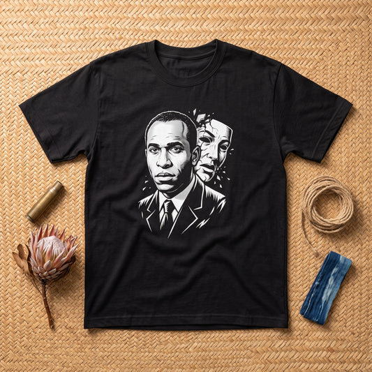 Frantz Fanon black graphic tee, styled flat lay