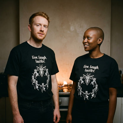 Two models wearing the Live Laugh Lucifer black graphic tee