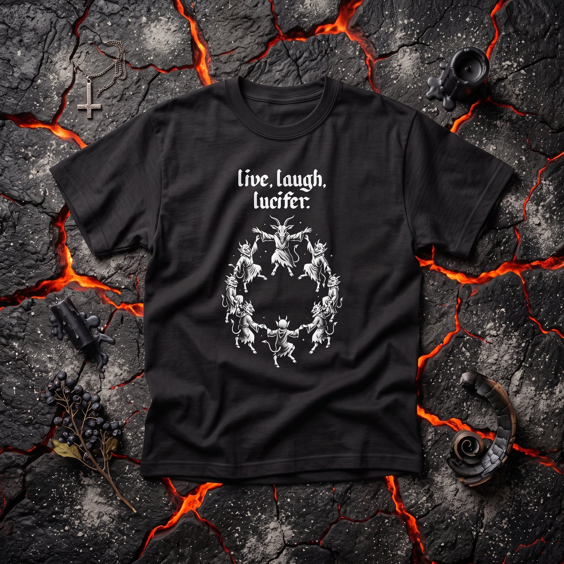 Live Laugh Lucifer black graphic tee, styled flat lay