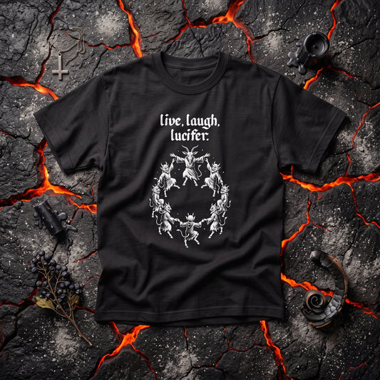 Live Laugh Lucifer black graphic tee, styled flat lay