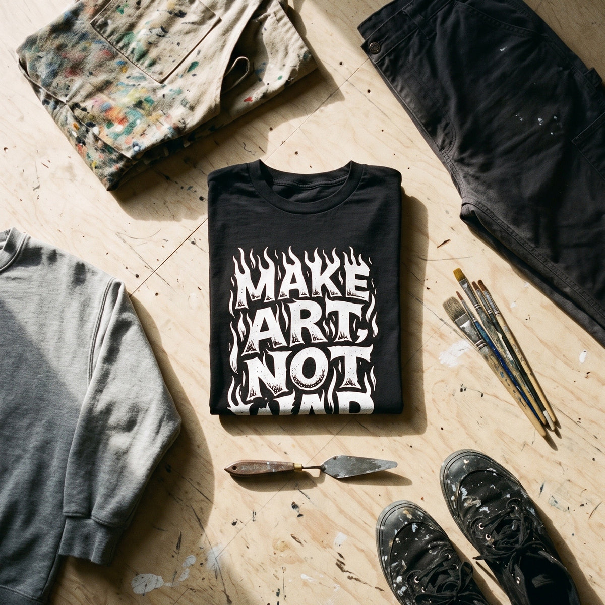 Make Art Not War black graphic tee styled in a flat lay with matching pieces