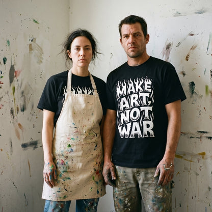 Two models wearing the Make Art Not War black graphic tee