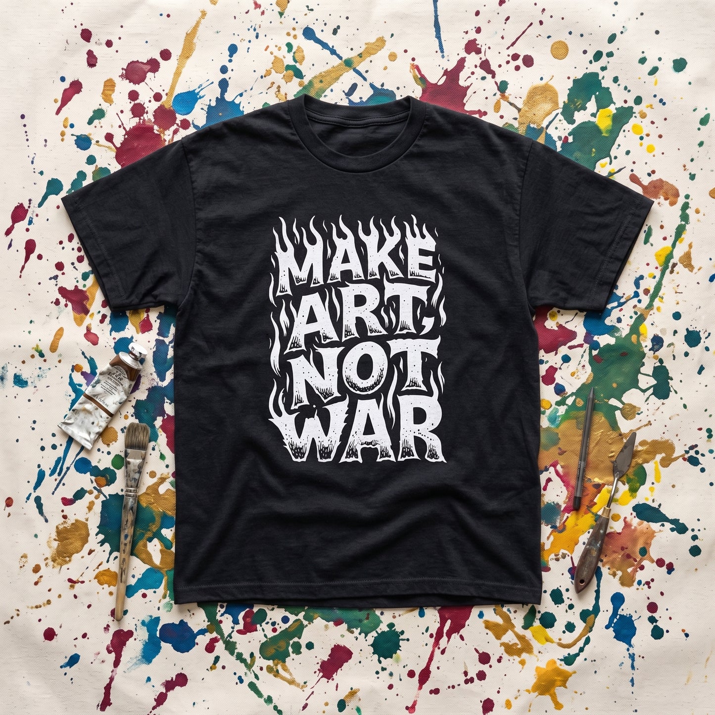 Make Art Not War black graphic tee, styled flat lay