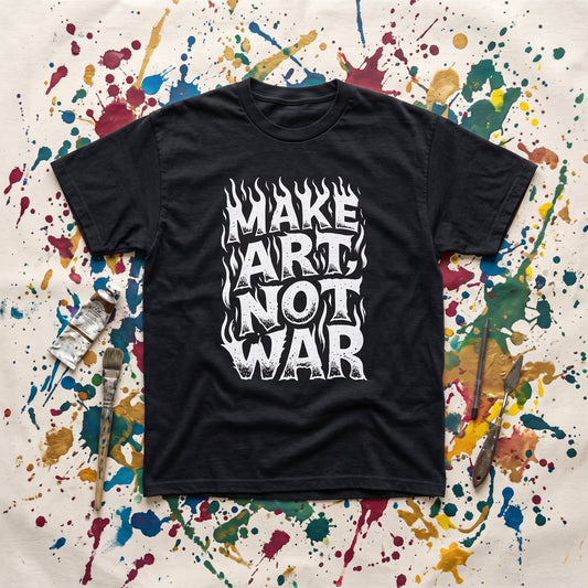 Make Art Not War black graphic tee, styled flat lay