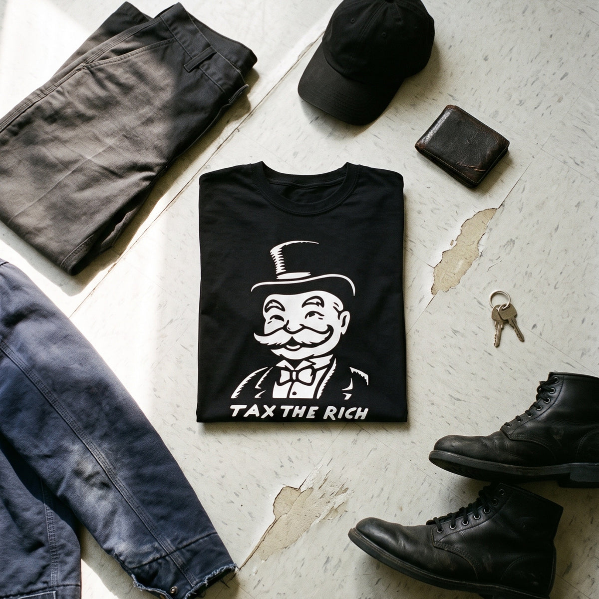 Tax the Rich black graphic tee styled in a flat lay with matching pieces