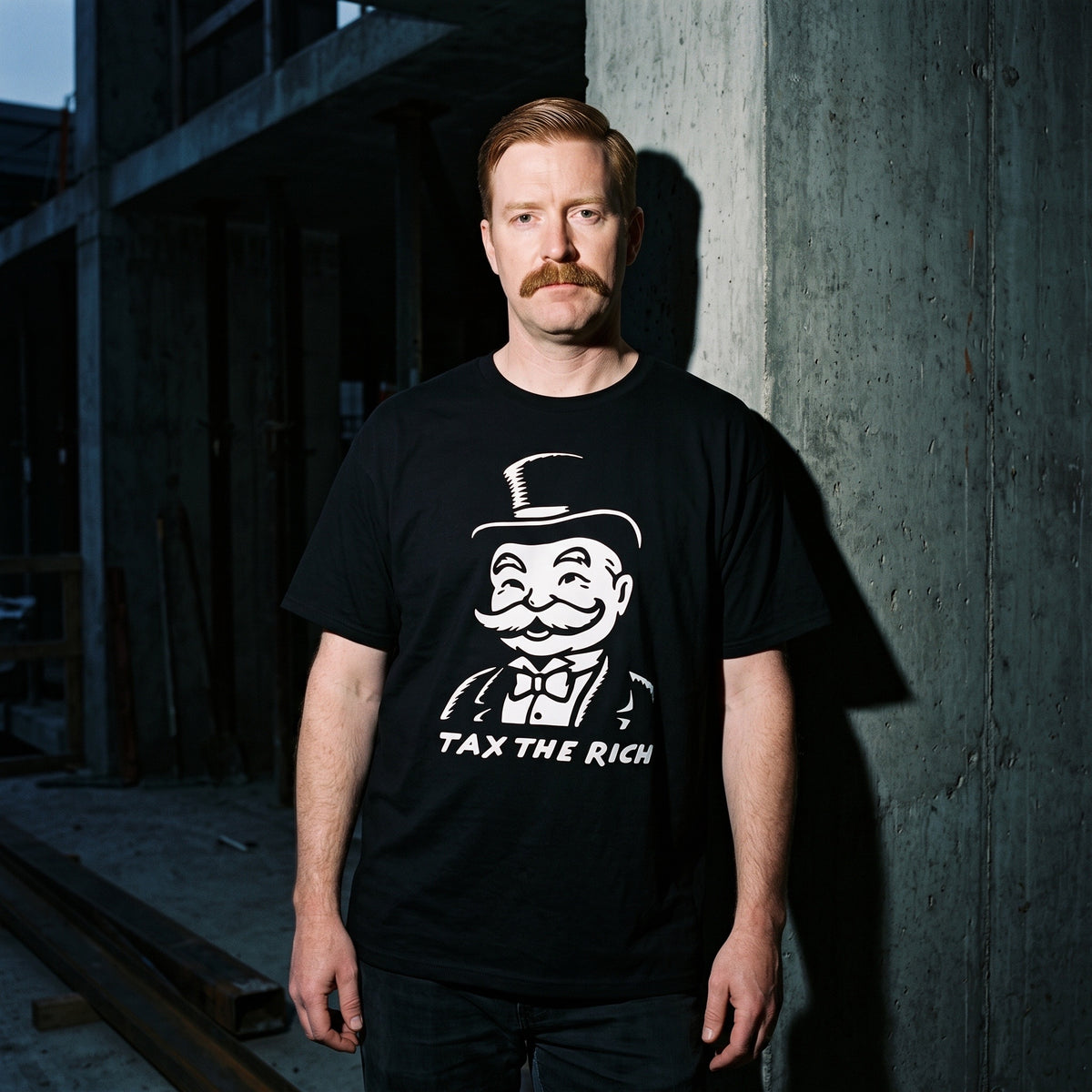 Man wearing the Tax the Rich black graphic tee