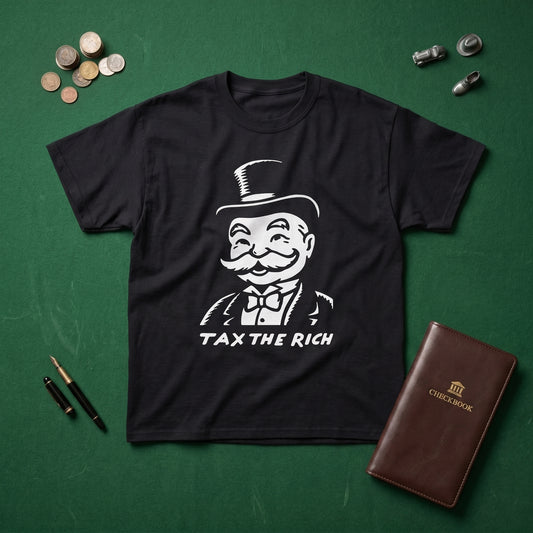 Tax the Rich black graphic tee, styled flat lay