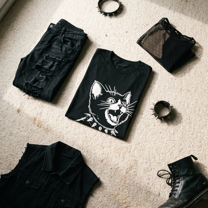 Kittenpunk black graphic tee styled in a flat lay with matching pieces