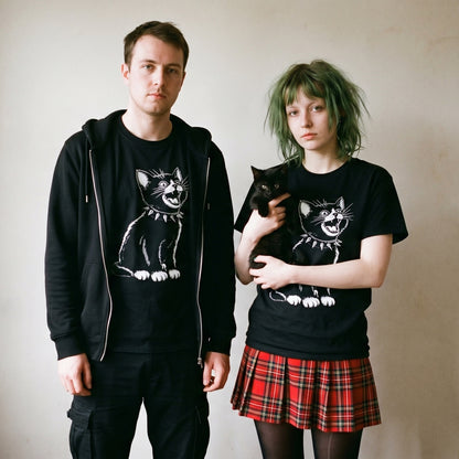 Two models wearing the Kittenpunk black graphic tee