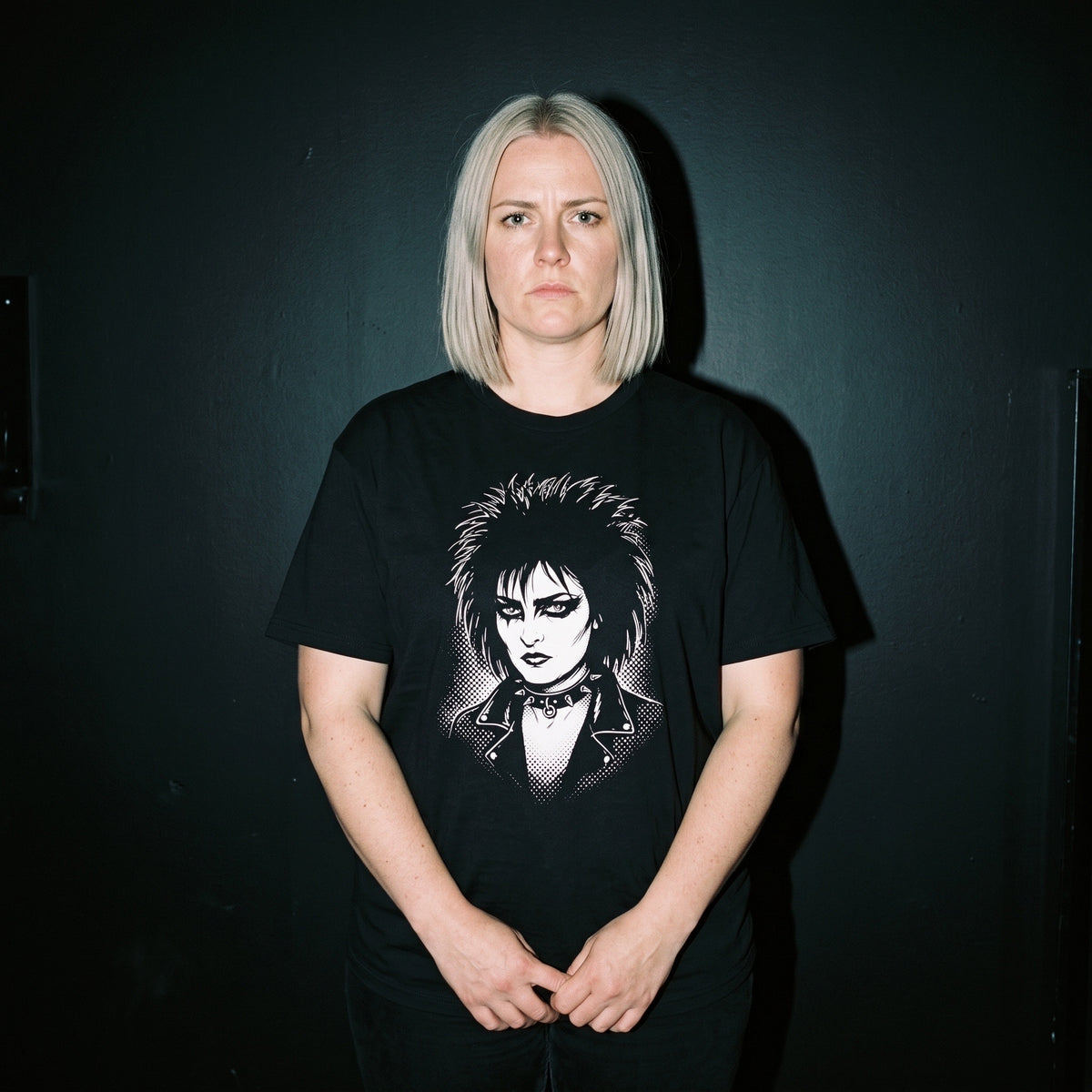 Woman wearing the Siouxsie Sioux black graphic tee