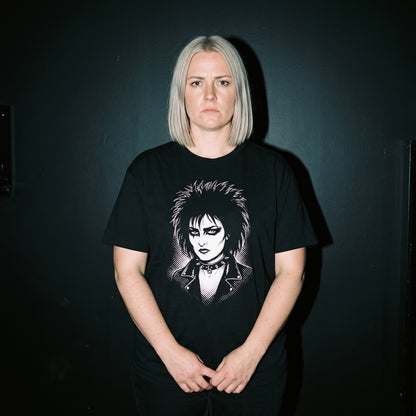 Woman wearing the Siouxsie Sioux black graphic tee
