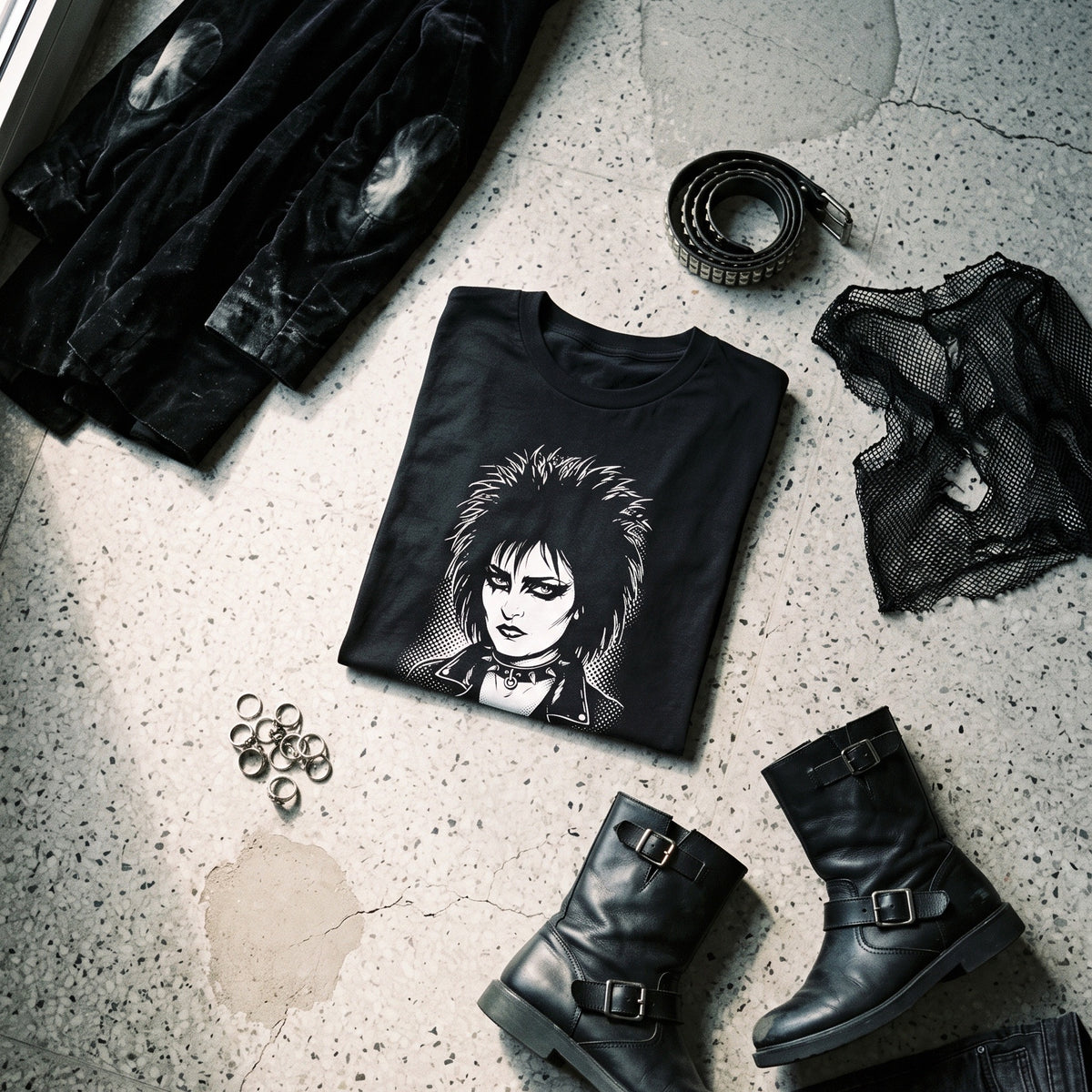 Siouxsie Sioux black graphic tee styled in a flat lay with matching pieces