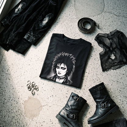 Siouxsie Sioux black graphic tee styled in a flat lay with matching pieces