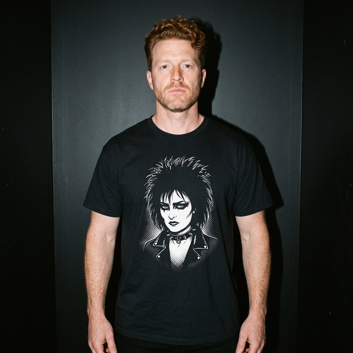 Man wearing the Siouxsie Sioux black graphic tee