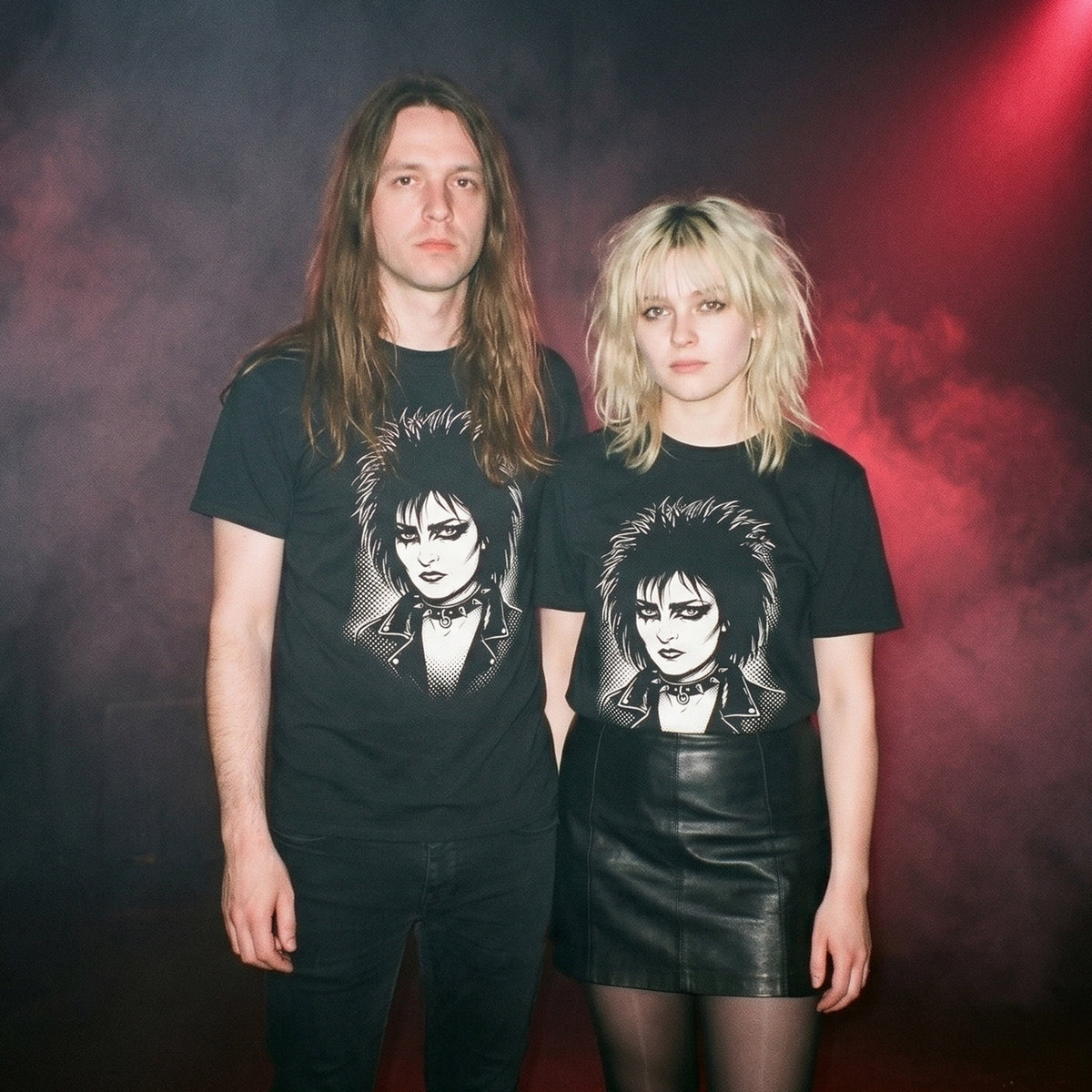 Two models wearing the Siouxsie Sioux black graphic tee