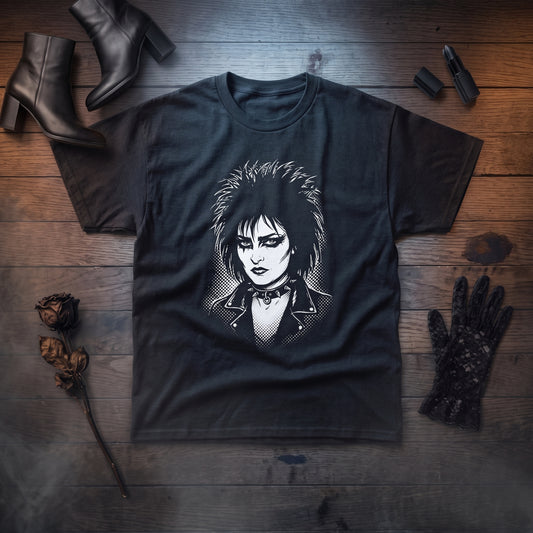 Siouxsie Sioux black graphic tee, styled flat lay