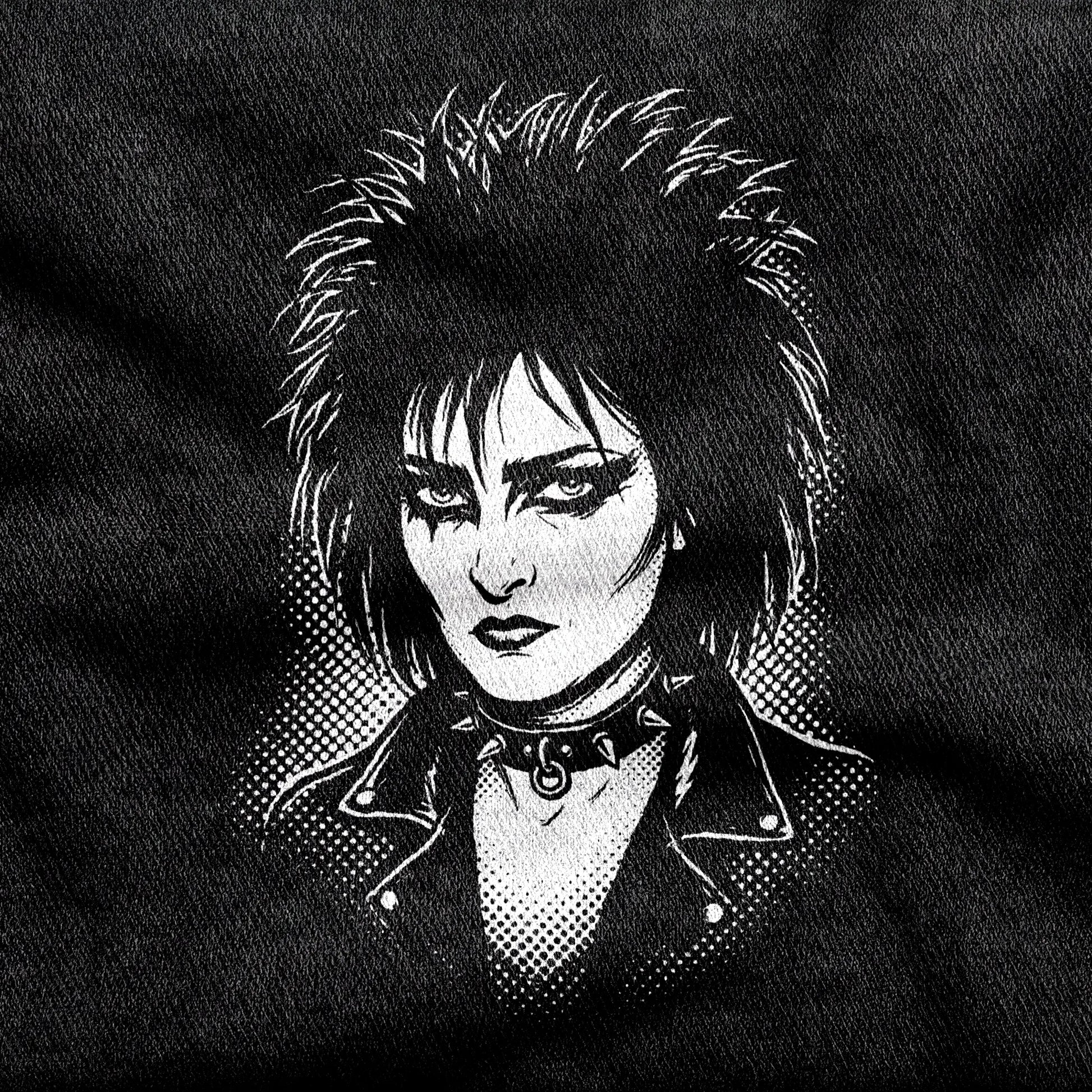 Siouxsie Sioux design printed on a black cotton tee, close-up