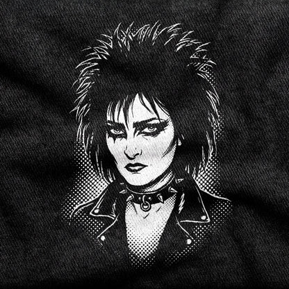 Siouxsie Sioux design printed on a black cotton tee, close-up