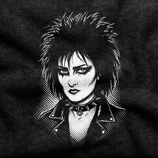 Siouxsie Sioux design printed on a black cotton tee, close-up