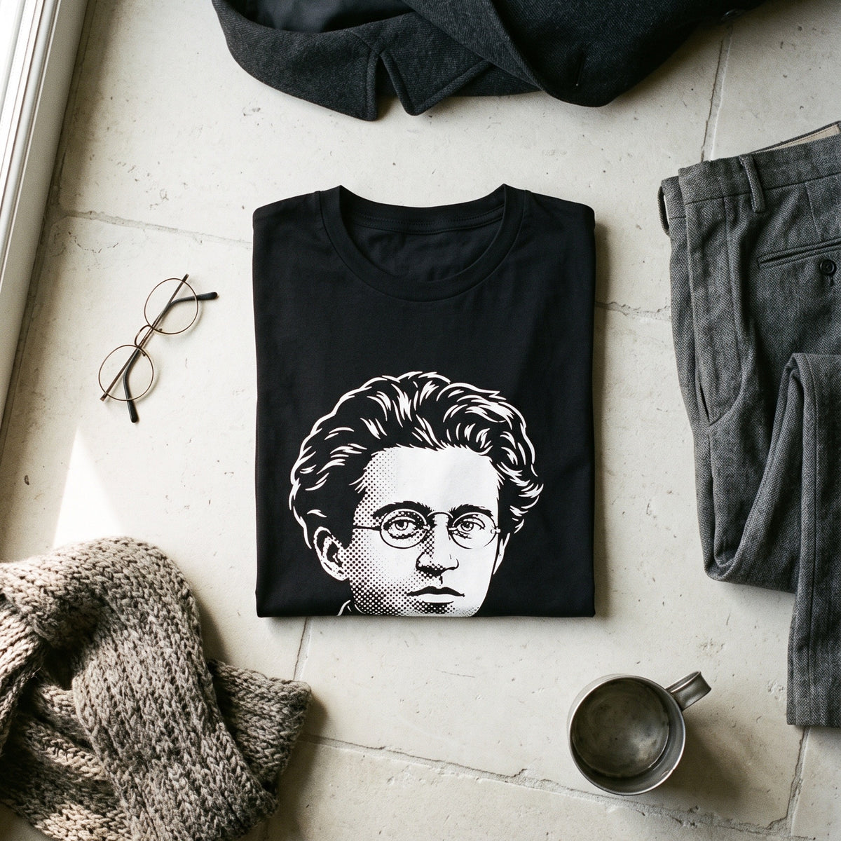 Antonio Gramsci black graphic tee styled in a flat lay with matching pieces