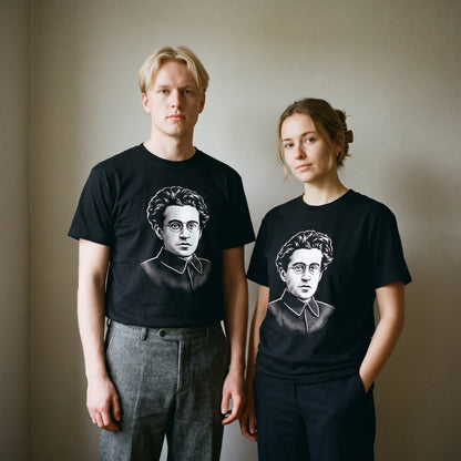 Two models wearing the Antonio Gramsci black graphic tee