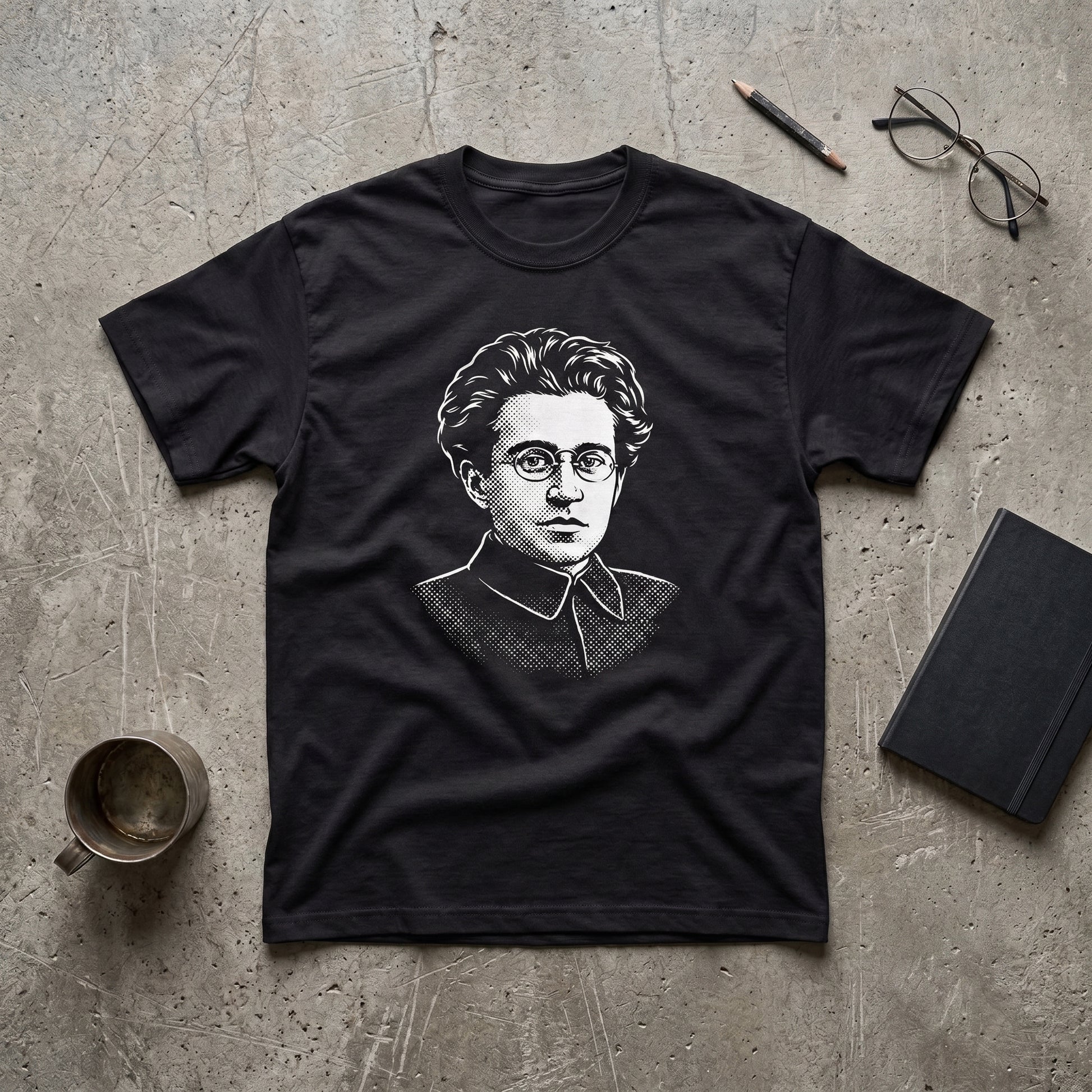 Antonio Gramsci black graphic tee, styled flat lay