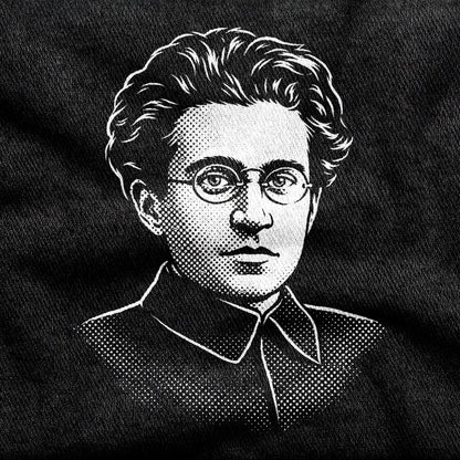 Antonio Gramsci design printed on a black cotton tee, close-up