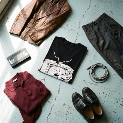 Videodrome black graphic tee styled in a flat lay with matching pieces