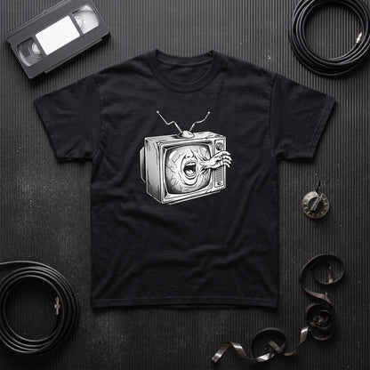 Videodrome black graphic tee, styled flat lay