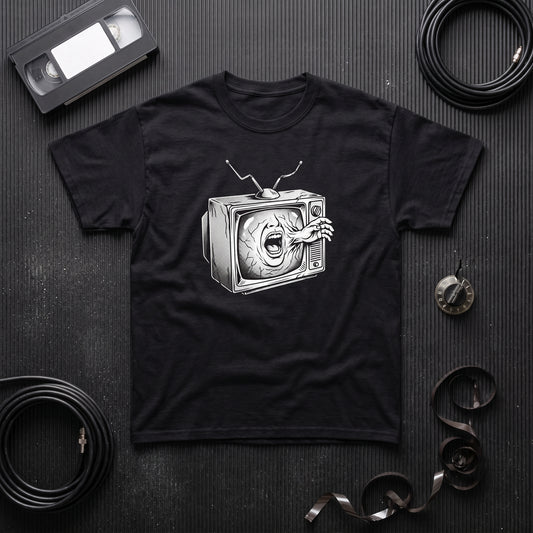 Videodrome black graphic tee, styled flat lay