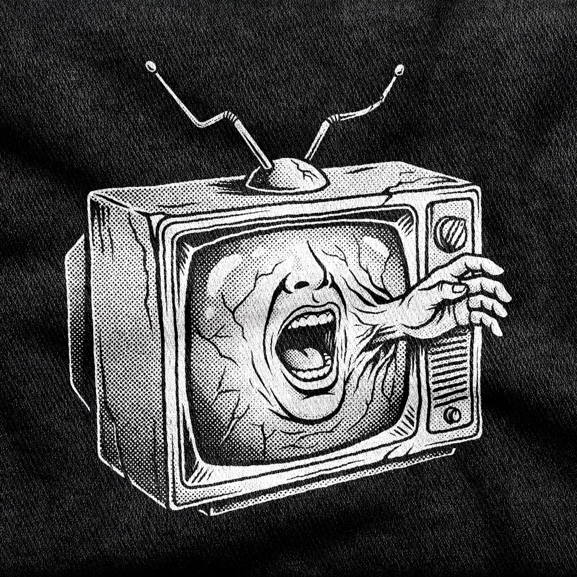 Videodrome design printed on a black cotton tee, close-up